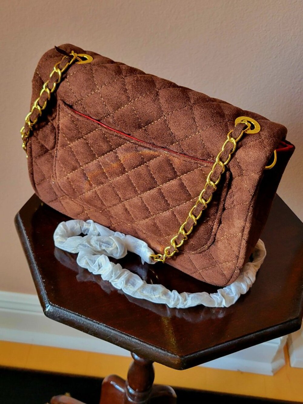 **Cute chocolate brown suede fashion bag. No brand. Never used.
